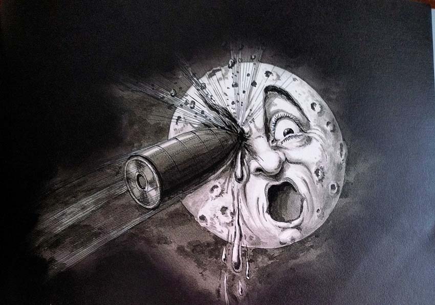Drawing of the moon with a bullet in the eye